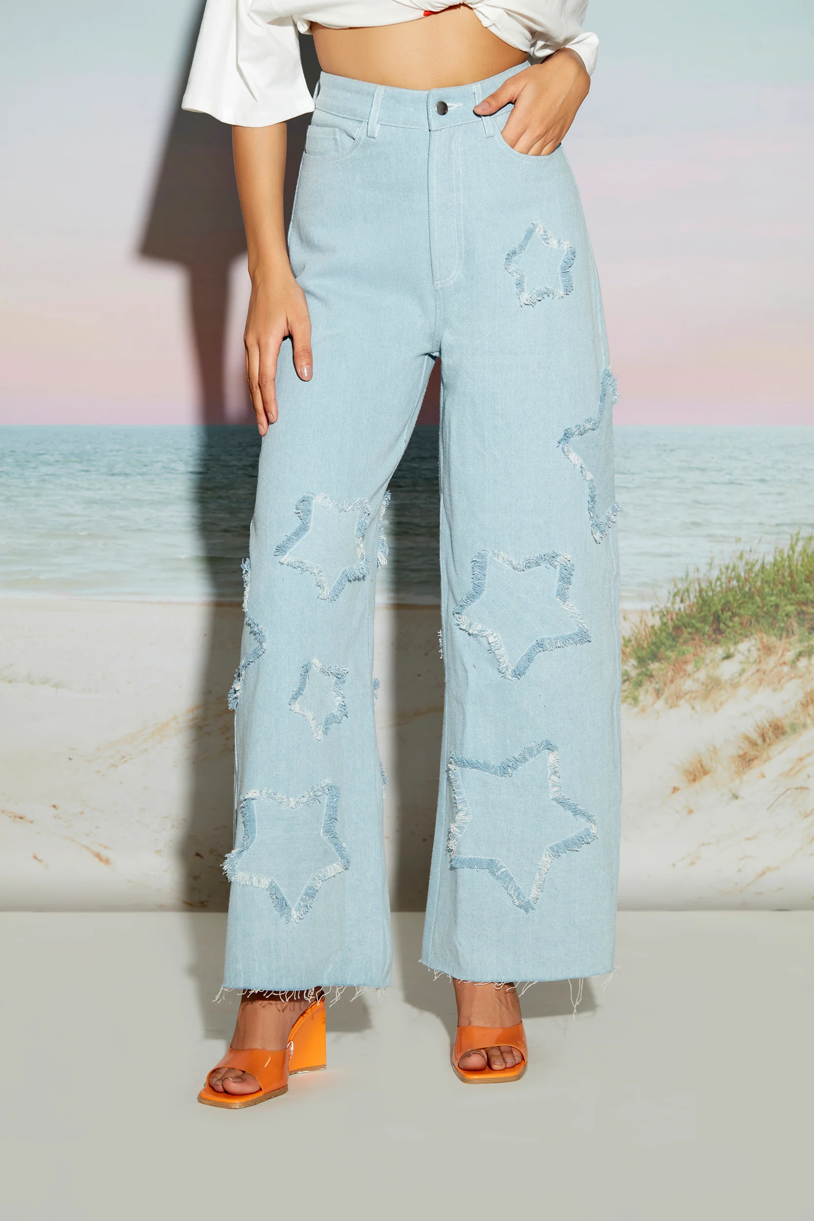 Wide Leg Denim Jeans with Star Patch - Image 2
