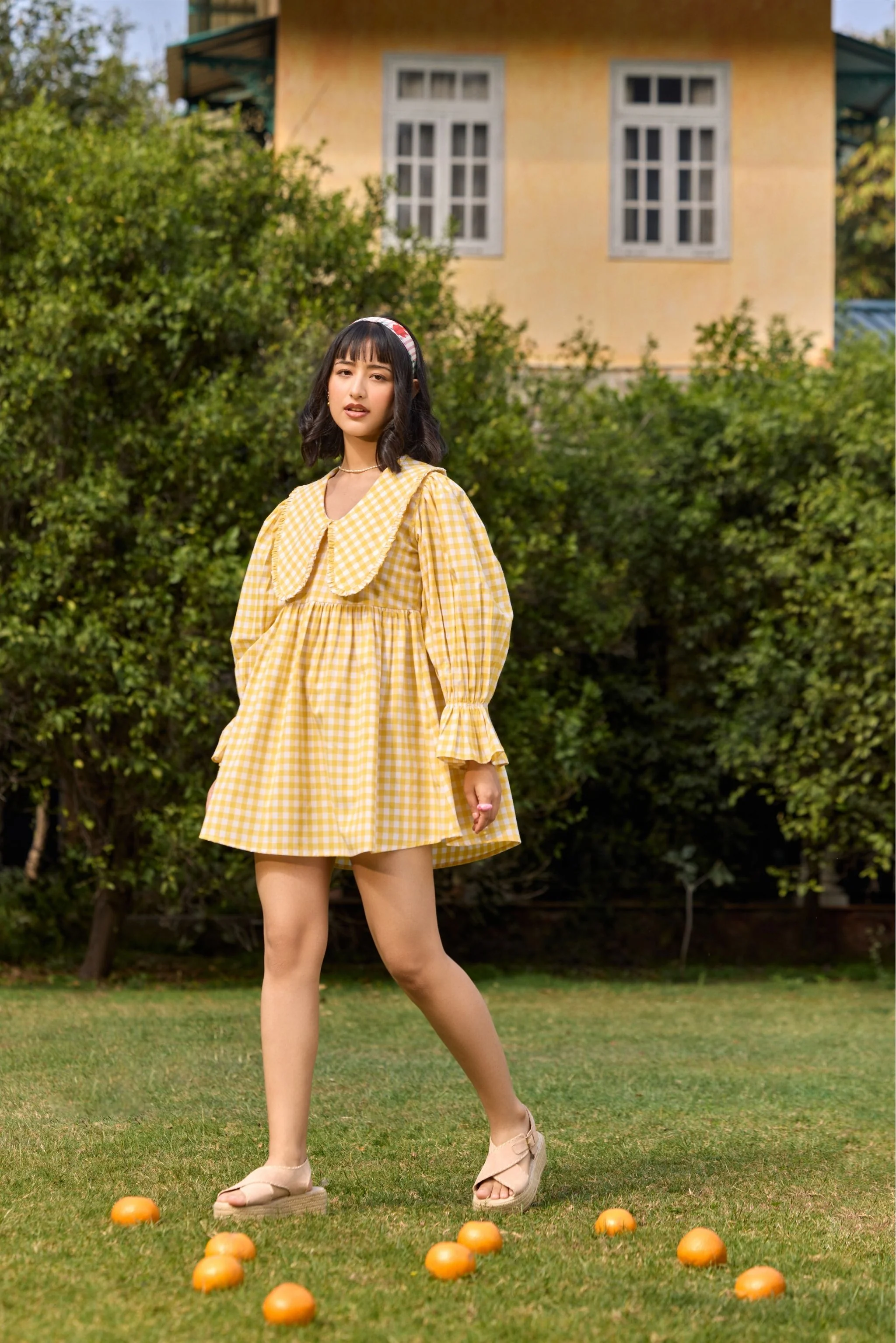 Yellow Checked Flared Mini Dress - Image 2