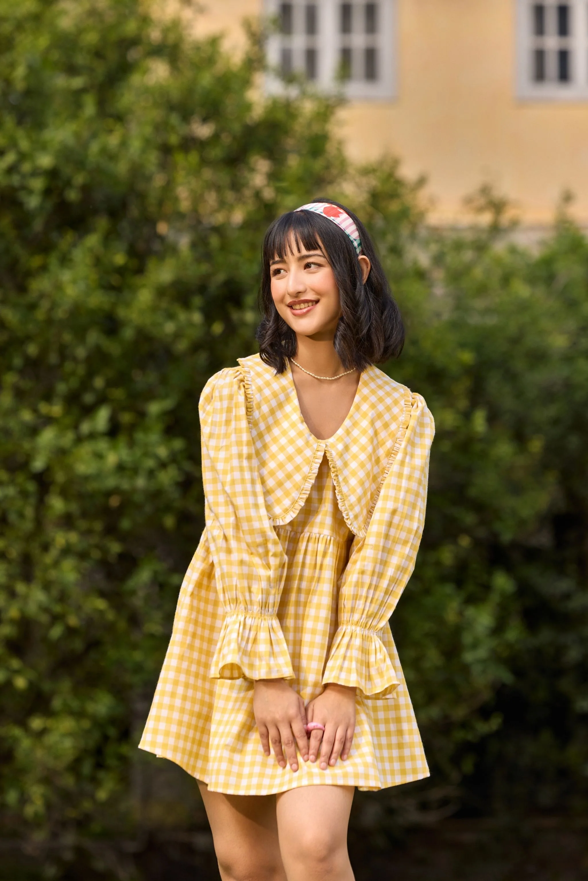 Yellow Checked Flared Mini Dress - Image 3