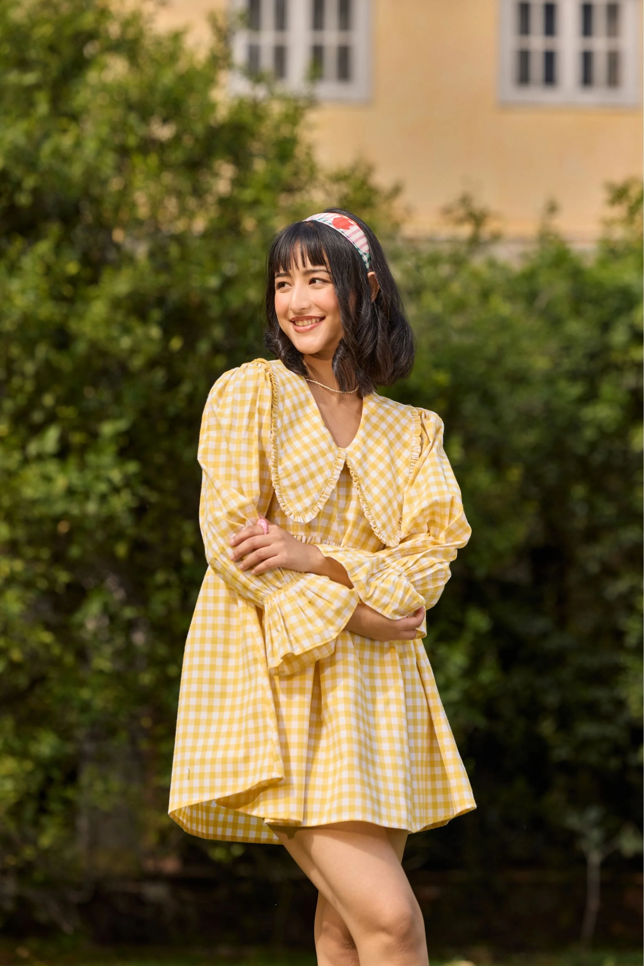 Yellow Checked Flared Mini Dress - Image 4