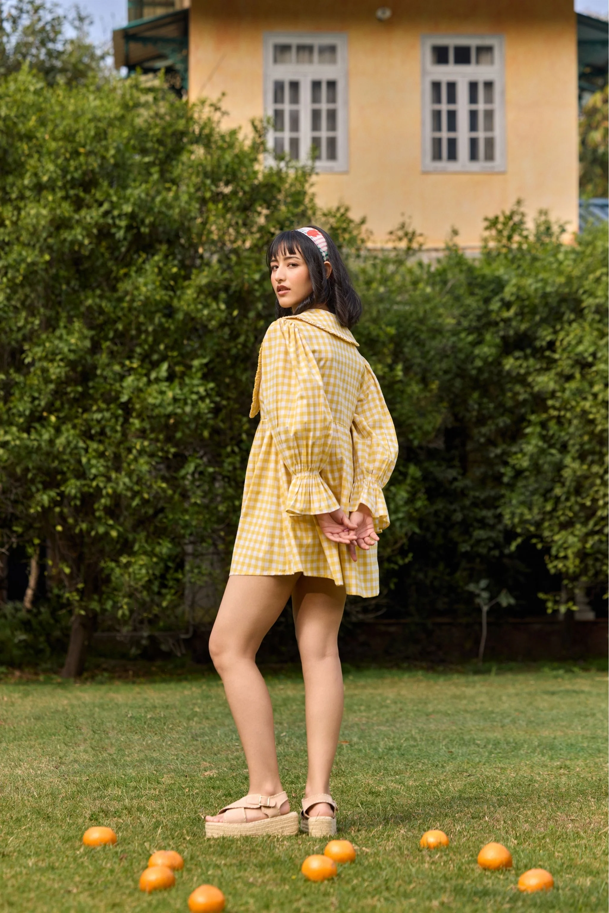 Yellow Checked Flared Mini Dress - Image 5
