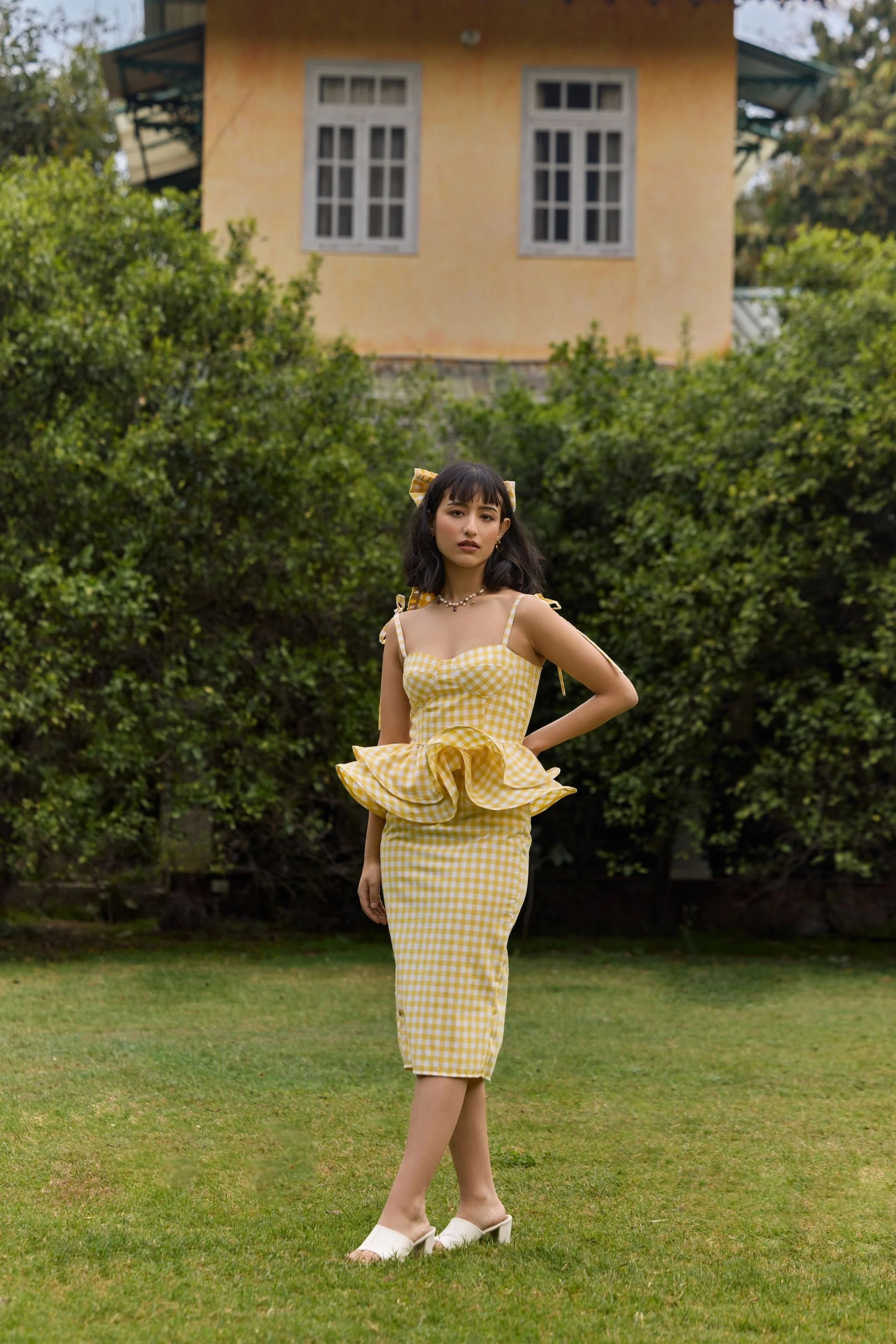 Yellow Gingham Peplum Top & Skirt Set - Image 4